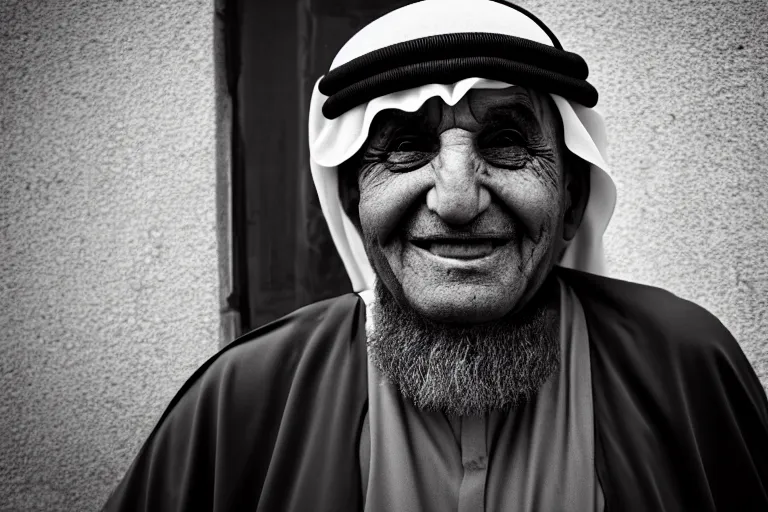 Image similar to still photo of an arab old man smiling at the camera on the street, black and white color aesthetic, highly detailed, photorealistic portrait, bright studio setting, studio lighting, crisp quality and light reflections, unreal engine 5 quality render