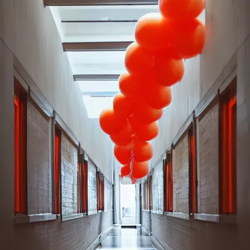 Prompt: a hallway filled with red and orange balloons