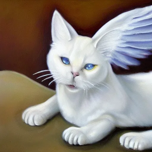 Image similar to a painting of a white cat with angel wings, a fine art painting by hanns katz, trending on deviantart, angelic photograph, majestic