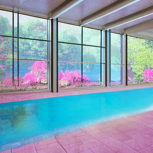 Image similar to A sunlit indoor lounge area with a pool with clear water and another pool with translucent pastel pink water, next to a big window, digital art