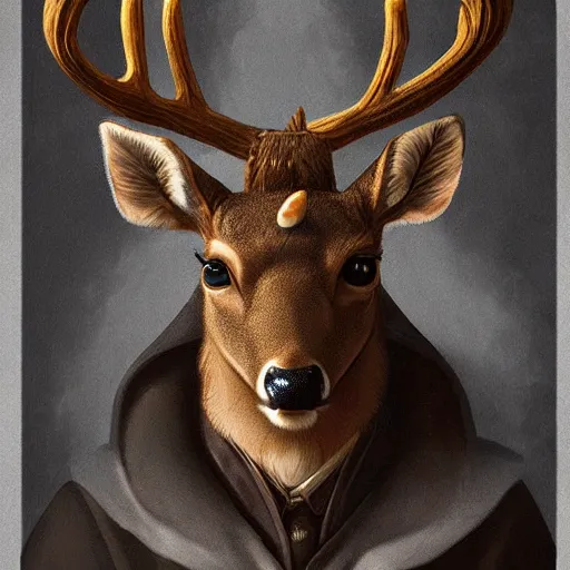 Image similar to a portrait of a deer lord with monocle and top hat, intricate detail, digital art, trending on artstation