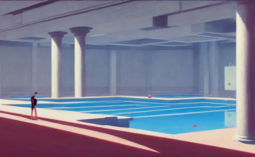 Prompt: Inside an empty big greek pool, very coherent, painted by Edward Hopper, Wayne Barlowe, painted by James Gilleard, airbrush, art by JamesJean