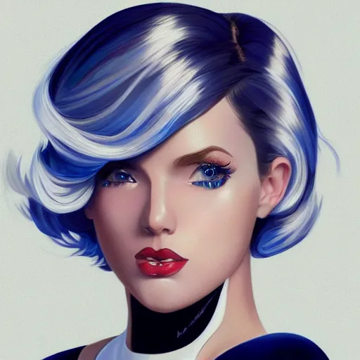 Image similar to a beautiful pin - up portrait of a beautiful cute superhero woman, blonde hair, bob haircut, matte navy - blue bodysuit, white cape, intricate, elegant, 8 k, highly detailed, digital painting, concept art, smooth, sharp focus, illustration, anime, artgerm and loish and wlop and alphonse mucha