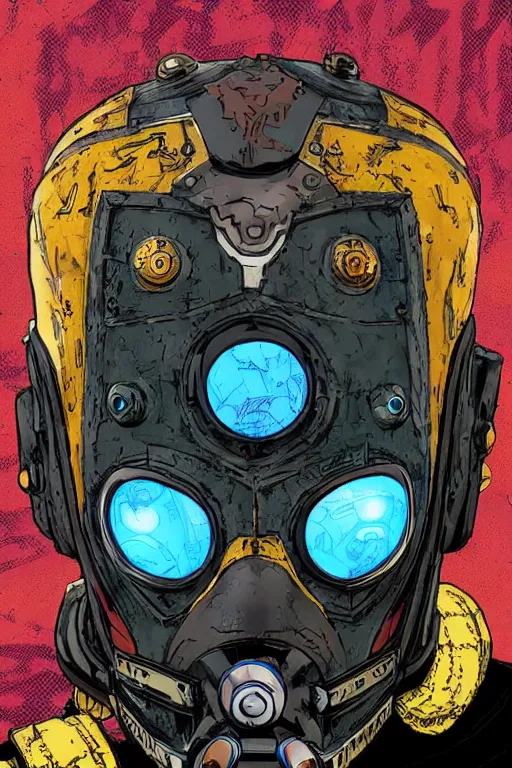 Image similar to Afrofuturis voodoo mask helmet bot borderland that looks like it is from Borderlands and by Feng Zhu and Loish and Laurie Greasley, Victo Ngai, Andreas Rocha, John Harris