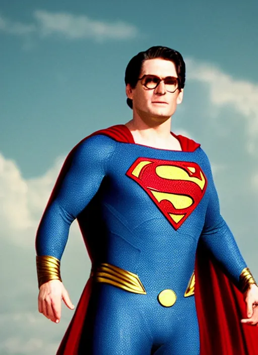 Prompt: film still of george r. r. martin as superman in superman, 4 k