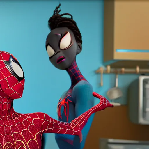 Prompt: spiderman and pregnant pregnant elsa talking in the kitchen, into the spiderverse cinematic render, 2 0 1 8 sony animation official media, clear details, award winning