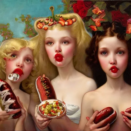 Image similar to closeup of 3 girlfriends, hot dogs and yogurt is a messy eating contest, wlop, elvgren, mucha, mark ryden