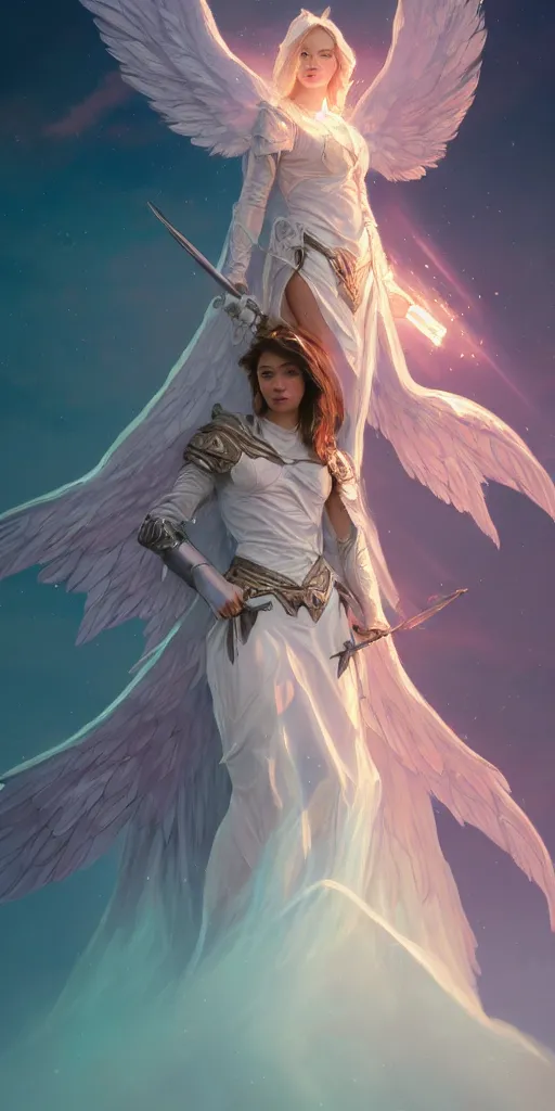 Image similar to angel with big wings, low key light, full plate armor with cloth, f 1 6, bokeh, extreme close up portrait, gentle, female, mountain, storm, god rays, landscape, d & d, fantasy, elegant, teal pink white gold color palette, concept art, moebius, greg rutkowski, alphonse mucha