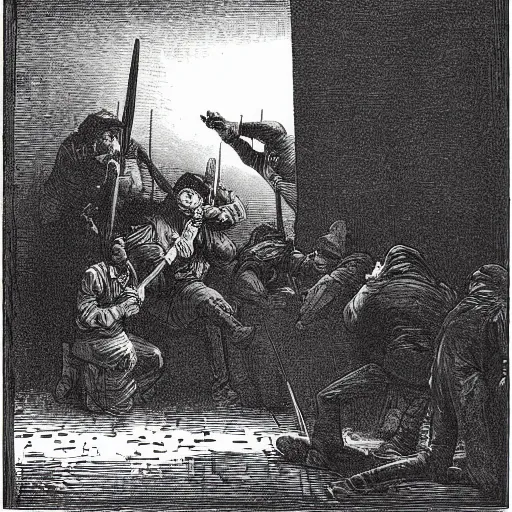 Image similar to A scene from Counter Strike, wood engraving, by Gustave Dore