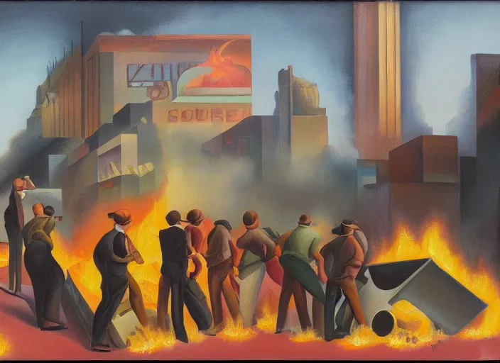 Prompt: a painting of people standing around a burning dumpster, an art deco painting by thomas hart benton, cg society, american scene painting, dystopian art, constructivism, academic art