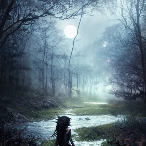 Image similar to goth woman in a moonlight view, in a forest, a river, tankoban, 4 k, tone mapping, akihiko yoshida, james jean andrei riabovitchev marc simonetti, yoshitaka amano, long hair, curly, h. hydrochaeri