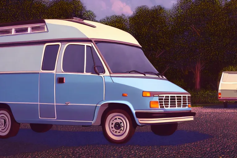 Prompt: a wholesome animation key shot of one!! focused 1 9 9 4 fiat hymer! motorhome! in the romanian! countryside, medium shot, studio ghibli, ( pixar ) and disney animation, sharp, very detailed, high resolution, rendered in unreal engine 5, anime key art by greg rutkowski, bloom, dramatic lighting