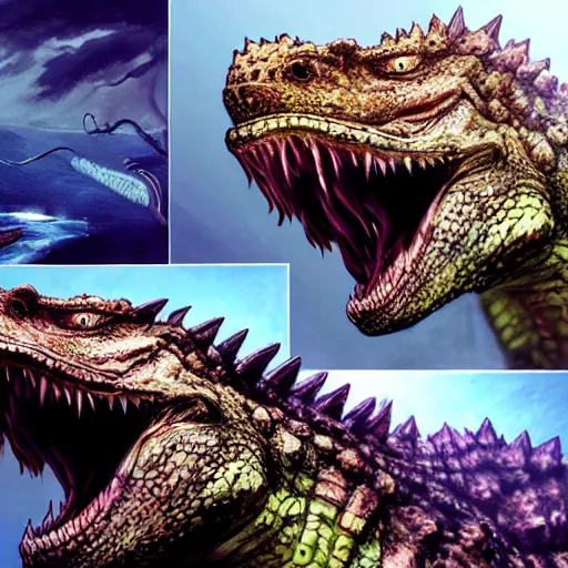 Image similar to realistic Godzilla, kaiju, sea creature, crocodile, iguana, sharp teeth, scary look, angry, concept art, monster, trending on artstation