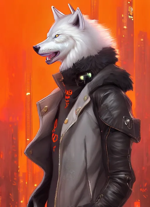 Image similar to award winning beautiful portrait commission of a male furry anthro albino wolf fursona with a tail and a cute beautiful attractive detailed furry face wearing stylish black and orange cyberpunk biker clothes in a cyberpunk city at night while it rains. Character design by charlie bowater, ross tran, artgerm, and makoto shinkai, detailed, inked, western comic book art