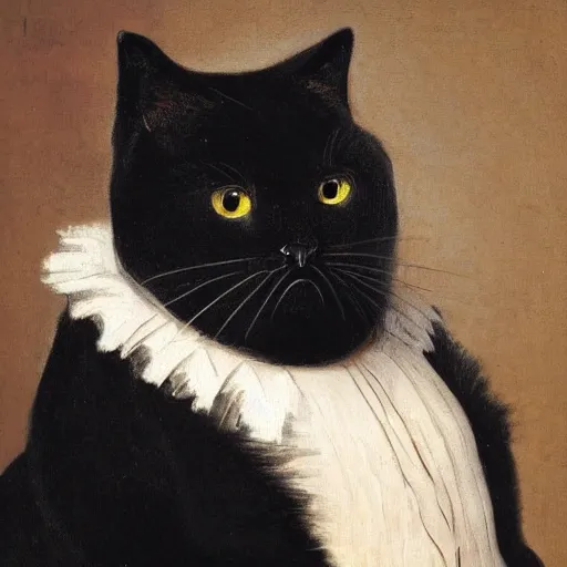 Prompt: portrait painting of a fat female black cat wearing a ruff by Rembrandt van Rijn