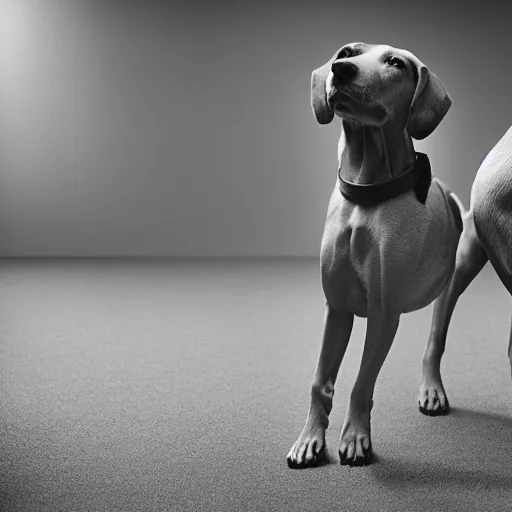 Image similar to a william wegman photograph of two dogs standing on hind legs in human clothing by ryan mcginley 4k, hyperrealistic, focused, extreme details, unreal engine 5, cinematic, masterpiece, high resolution, detailed,