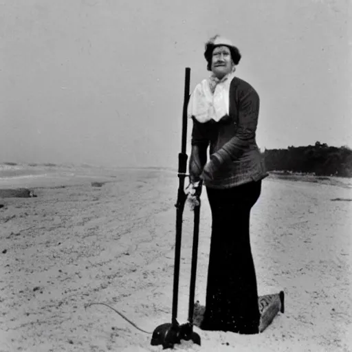 Prompt: an edwardian woman using a metal detector on the beach, black and white photograph