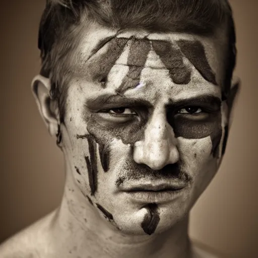 Image similar to portrait of a male warrior with a scarred face. Detailed face. Photo 8K.