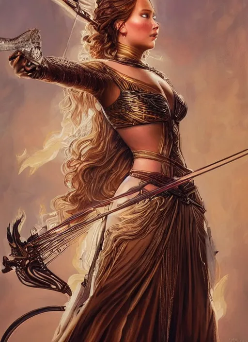 Prompt: Jennifer Lawrence as a beautiful fire archer, cute, fantasy, intricate, elegant, highly detailed, digital painting, 4k, HDR, concept art, smooth, sharp focus, illustration, art by artgerm and H R Giger and alphonse mucha