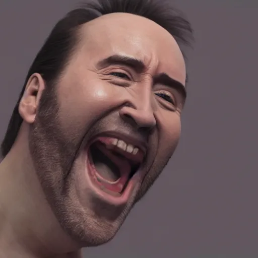 Image similar to hyperrealistic dslr film still of nicolas cage screaming in space, stunning 8 k octane comprehensive 3 d render, inspired by istvan sandorfi & greg rutkowski & unreal engine, perfect symmetry, dim volumetric cinematic lighting, extremely hyper - detailed, extremely lifelike attributes & lifelike texture, intricate, masterpiece, artstation, stunning