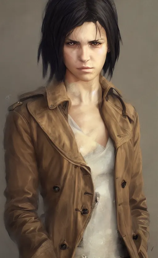 Image similar to upper body portrait of a girl from final fantasy live action, with short black hair and green eyes in a tan trenchcoat, award winning, masterpiece digital painting by greg rutkowski, alex grey, artstation, 4 k wallpaper,