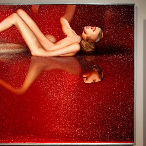 Prompt: British model ‘Josie Lane’ with beautiful face and full body laying in a blood red pool of water between a bright golden glowing mirror frame, outside is space and inside the mirror frame is a beautiful landscape. You can see her reflection in the red pool of water. Hyperrealistic surreal 4K IMAX Rene Margritte intricate, elegant, highly detailed, digital painting, artstation, concept art, smooth, sharp focus, illustration, art by artgerm, Francis bacon, HR Giger and greg rutkowski and alphonse mucha