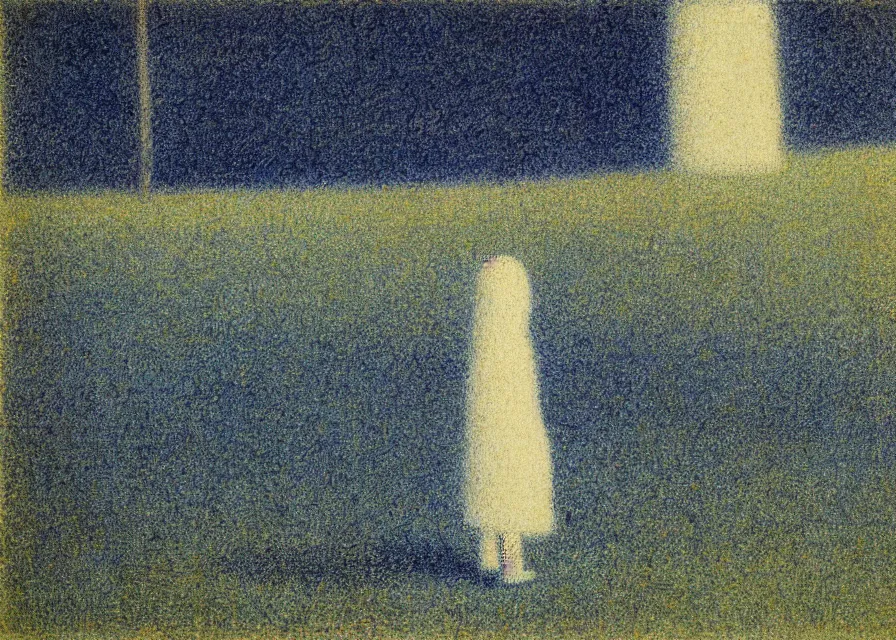 Prompt: white sheet ghost standing in an empty field, by georges seurat