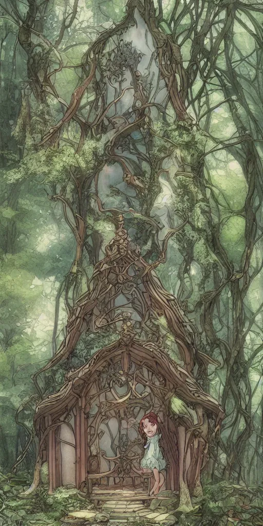 Image similar to an elvish Fairy house in the Woods, fantasy, art nouveau, architecture, daylight, warm light, spring, studio ghibli, Moebius, siya oum, ultra detailed, High definition, Sharp