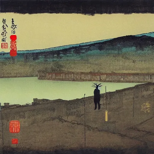 Prompt: a chinese prison near a river by peter doig : : 1 and ukiyo - e : : 0. 0 1, muted colors