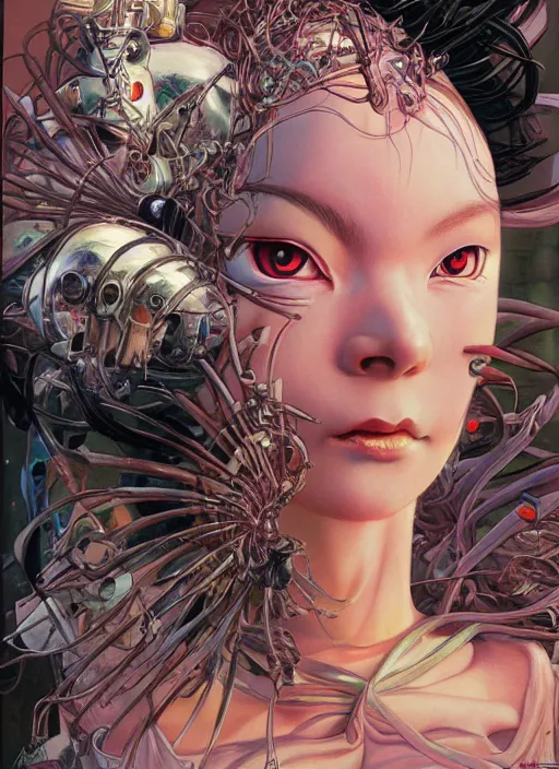 Prompt: realistic detailed painting of Bjork by yoshitaka amano, Masamune Shirow and rebecca guay and Moebius, Neo-Gothic, Cyberpunk, rich deep colors