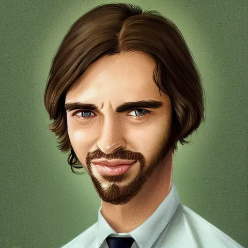 Prompt: handsome man of 3 9 years old, green eyes, light brown, good looking, wide round nose, mid long hair, in an office by david rutkowski, by artgem