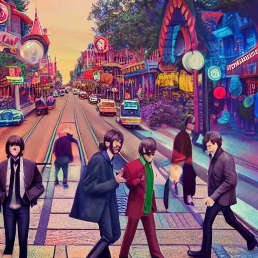 Prompt: beatles at disneyland, hyper detailed, dramatic lighting, cgsociety, realistic, hyper detailed, insane details, intricate, dramatic lighting, hypermaximalist, golden ratio, rule of thirds, octane render, weta digital, micro details, ultra wide angle, artstation trending, 8 k,