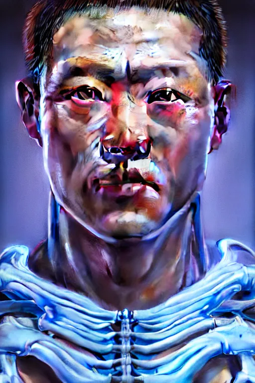 Image similar to hyperrealistic close-up pastel rococo exoskeleton! chinese man highly detailed concept art eric zener elson peter cinematic blue lighting high angle hd 8k sharp shallow depth of field