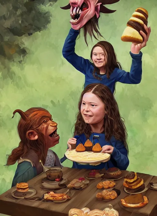 Image similar to greta thunberg as a medieval goblin eating cakes, detailed digital art, trending on Artstation