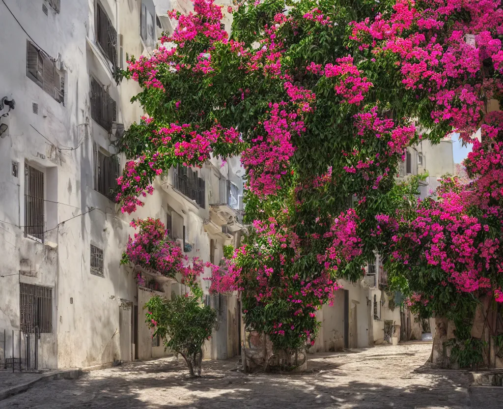 Image similar to a very beautiful scene, ambient occlusion render. small street in tel aviv, sunlight, bougainvillea, hyperrealistic, 4 k. wide angle. wild. deep focus, lovely scene. concept art. unreal engine.