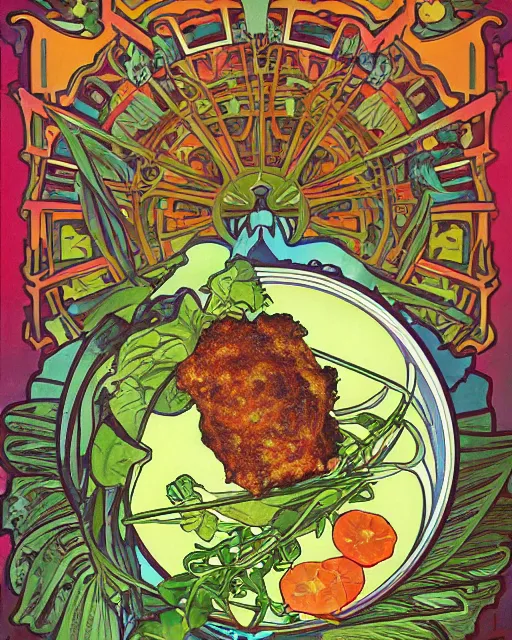 Image similar to a realistic cookbook photograph of a bacalaito fritter surrounded by tropical iconography and a variety of tropical flora, cell shading, by Alphonse Mucha, by Moebius, by hiroshi yoshida, Art Nouveau, colorful, ultradetailed, vivid colour, 3d