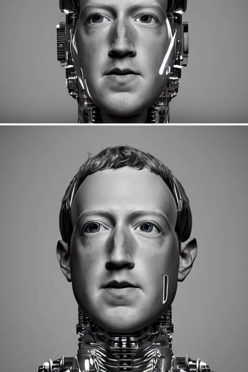 Image similar to mark zuckerberg as a robot, photorealistic, cinematic lighting, highly detailed, very intricate, by hr geiger