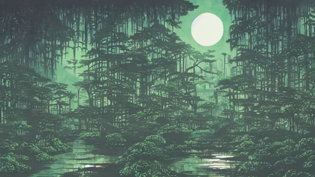 Image similar to tokyo japan with overgrown bioluminescent fungus and strangler fig, anime background, interior, gouache, hand painted, in the style of kazuo oga, studio ghibli