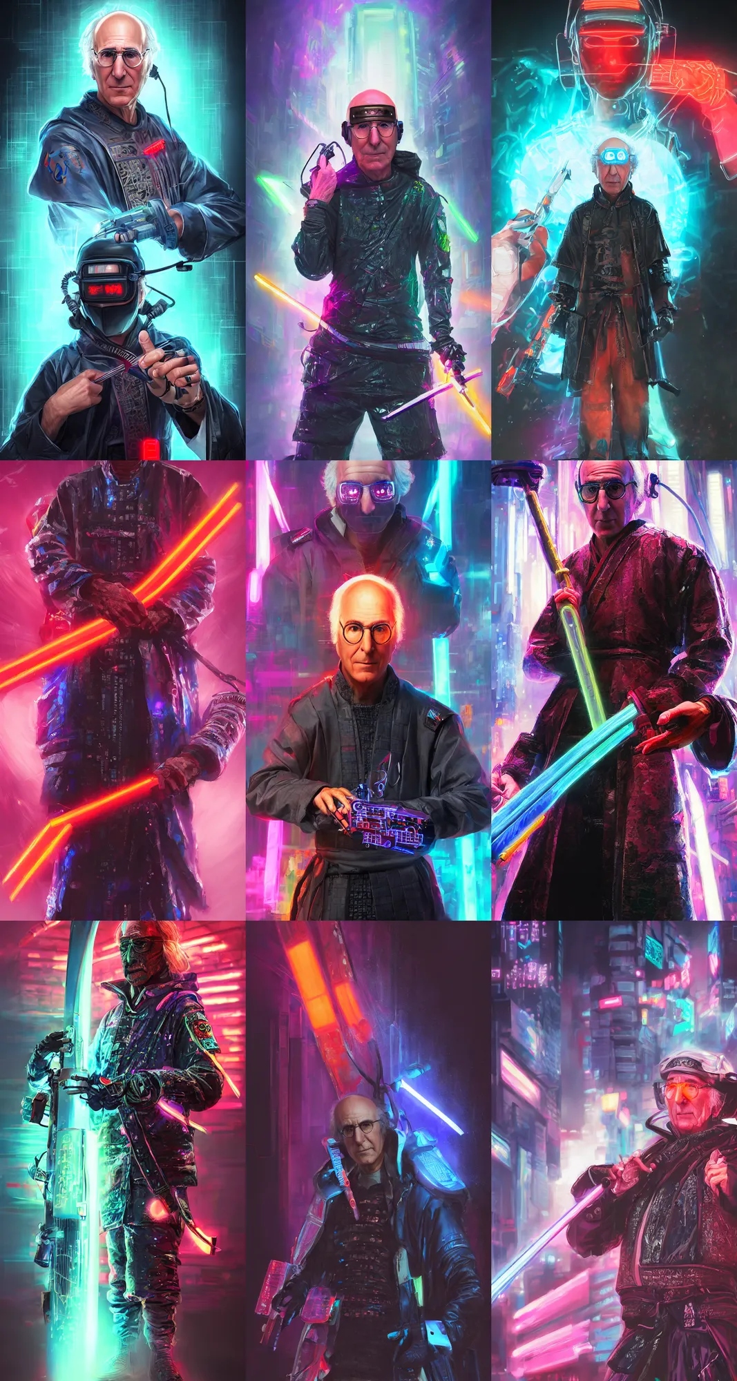 Prompt: Portrait of Larry David as a cyberpunk samurai from the future with a glowing neon katana, digital painting, 8k ultra realistic, atmosphere, glow, full of color, detailed, cinematic lighting, trending on artstation, 4k, hyperrealistic, extreme details