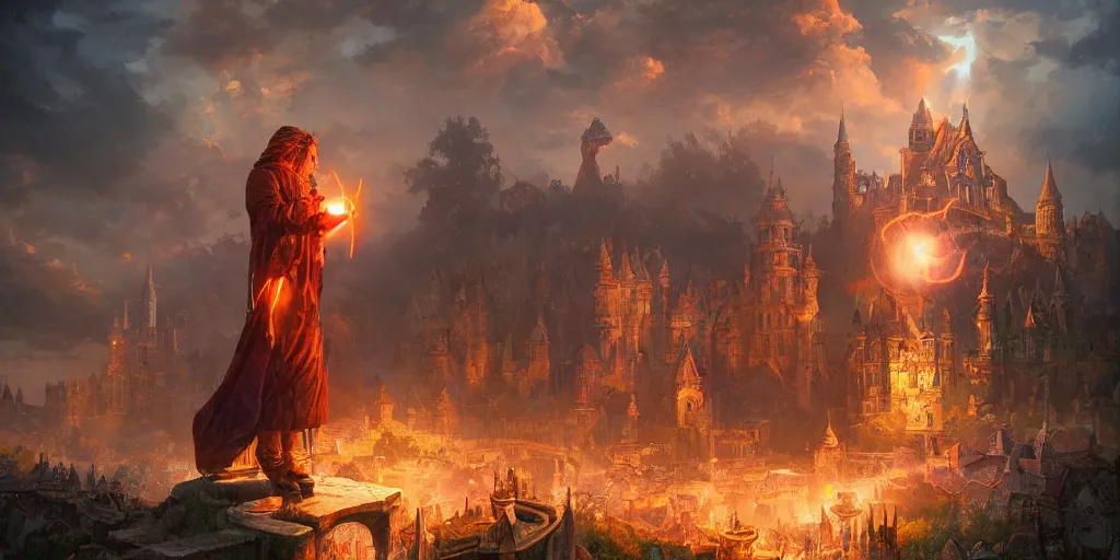 Image similar to powerful wizard casting a powerful spell on a village, beautiful composition, wide angle, colorful, cinematic, volumetric lighting, intricate details painting, by art germ, by greg rutkowski