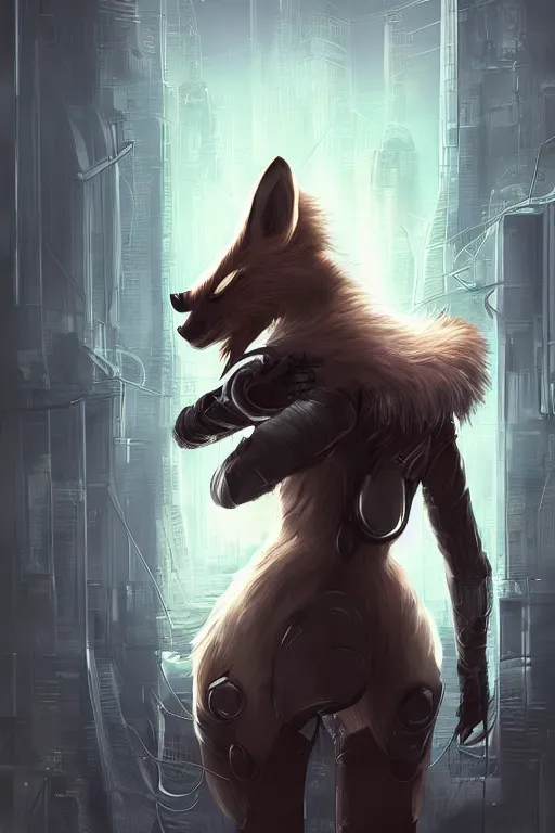 Image similar to an anthropomorphic cyberpunk fox with a fluffy tail, backlighting, trending on artstation, digital art, furry art, trending on furaffinity, fantasy art, by kawacy, view from behind