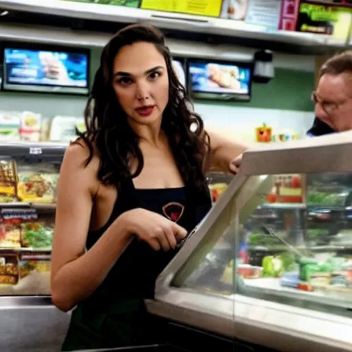 Image similar to Photo of Gal Gadot working the counter at Subway.