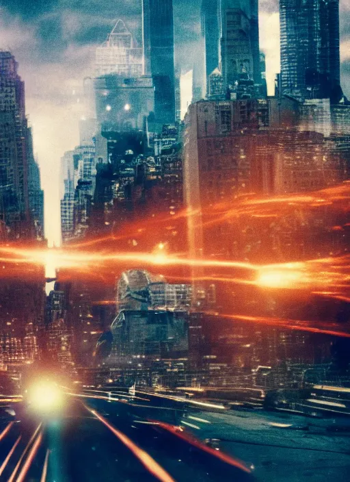 Image similar to a 3 5 mm photo of an alien spaceship destroying new york city, splash art, movie still, bokeh, canon 5 0 mm, cinematic lighting, dramatic, film, photography, golden hour, depth of field, award - winning, anamorphic lens flare, 8 k, hyper detailed, 3 5 mm film grain