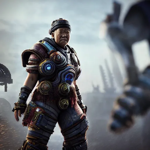 Prompt: asian!! bill cosby with conical hat in gears of war, splash art, movie still, cinematic lighting, dramatic, octane render, long lens, shallow depth of field, bokeh, anamorphic lens flare, 8 k, hyper detailed, 3 5 mm film grain