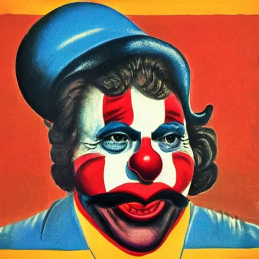 Image similar to communist clown portrait, propaganda style