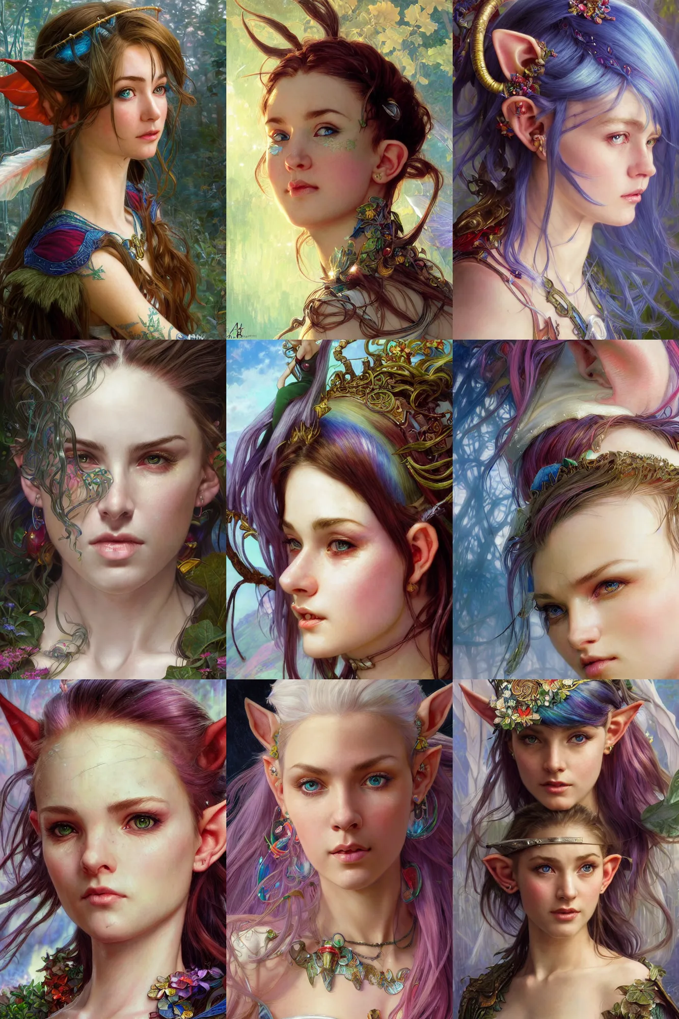 Prompt: closeup hyper-realistic portrait of beautiful high-fantasy elf girl (rainbow hair, sharp detailed ears), intricate details, by Stanley Artgerm Lau, by greg rutkowski, by thomas kindkade, by alphonse mucha, loish, by norman rockwell J.