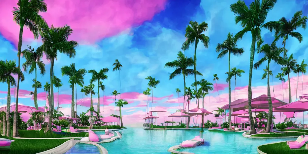 Image similar to artgem, hyperrealistic surreal virtual world of a florida keys resort with palm trees around a pool, a surreal vaporwave liminal space, pink sky, strange colors, unsettling vibe, minimalist architecture, metaverse, calming, meditative, dreamscape