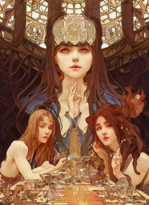 Image similar to the last supper beautiful painting by artgerm and greg rutkowski and alphonse mucha, highly detailed, illustration, epic, fantasy, intricate, hyper detailed, artstation, concept art, smooth, sharp focus, ray tracing