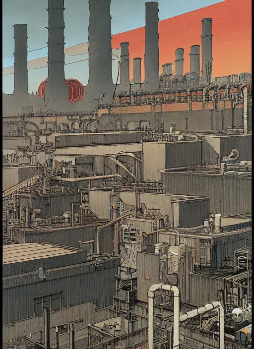 Prompt: illustration of a 2 0 8 0 desolate industrial factory nuclear scene by shaun tan, clean, emptyness, torn paper decollage, graphic novel, oil on canvas by edward hopper, ( by mattias adolfsson ), by moebius