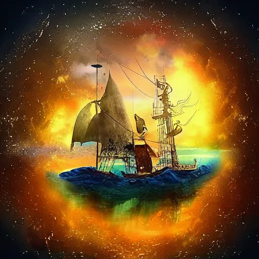 Prompt: “Very detailed pirate ship inside a glass bottle, flying through space, close up, fantasy digital art”